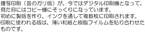 謄写印刷（昔のガリ版）が、今ではデジタル印刷機となって、 見た目にはコピー機にそっくりになっています。 初めに製版を作り、インクを通して複数枚に印刷されます。 印刷に使われる版は、薄い和紙と樹脂フイルムを貼り合わせた ものです。